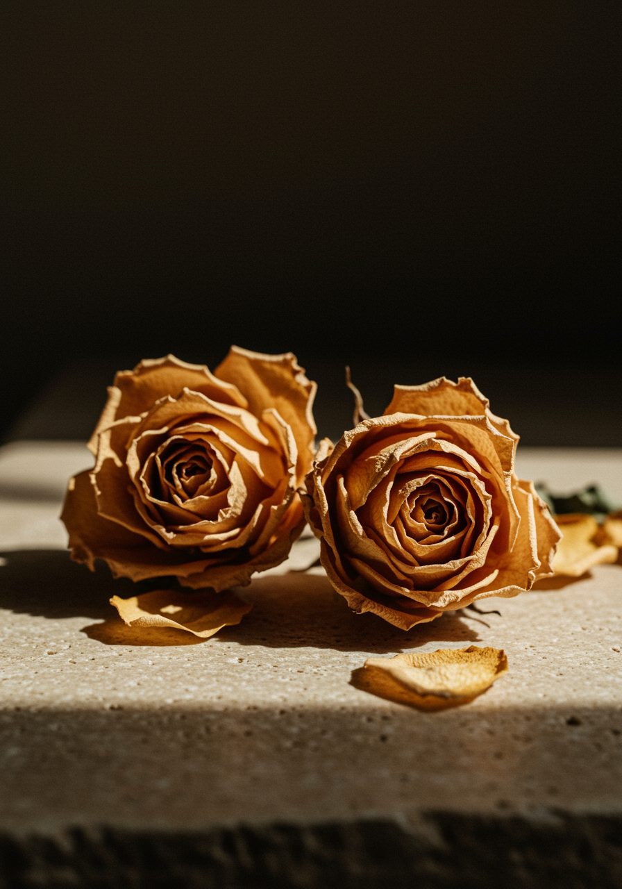 Two preserved roses in warm light